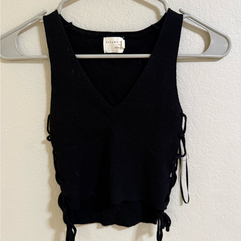 Dreamers by Debut Black Ribbed Lace Up Tank Size S